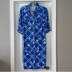 J. McLaughlin Blue bamboo Button Front 3/4 Sleeve Dress Medium